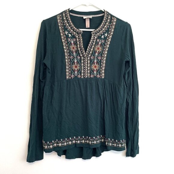 KNOX ROSE Embroidered Knit Top Dark Green Floral Boho Long Sleeve Peasant Blouse - Picture 2 of 13